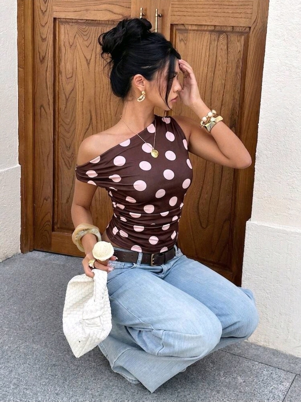 Siren Gaze Casual Minimalist Polka Dot Print Pattern One Shoulder Top